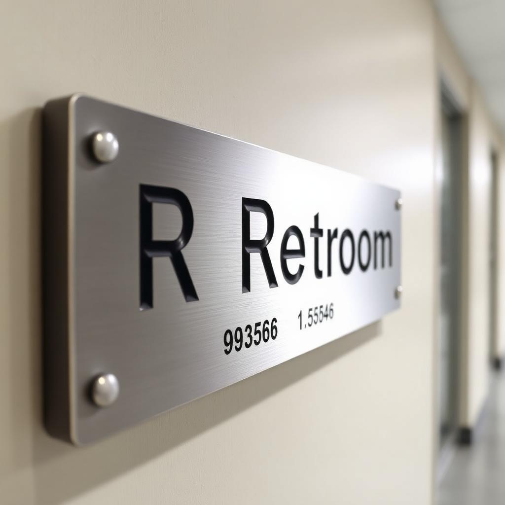 Brushed aluminum ADA restroom sign with Braille and tactile letters