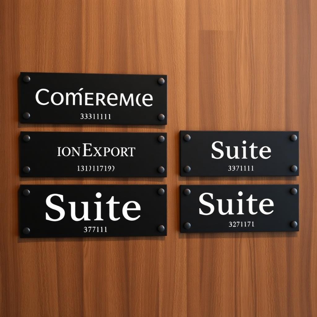 ADA conference and suite ID signs on a walnut wall