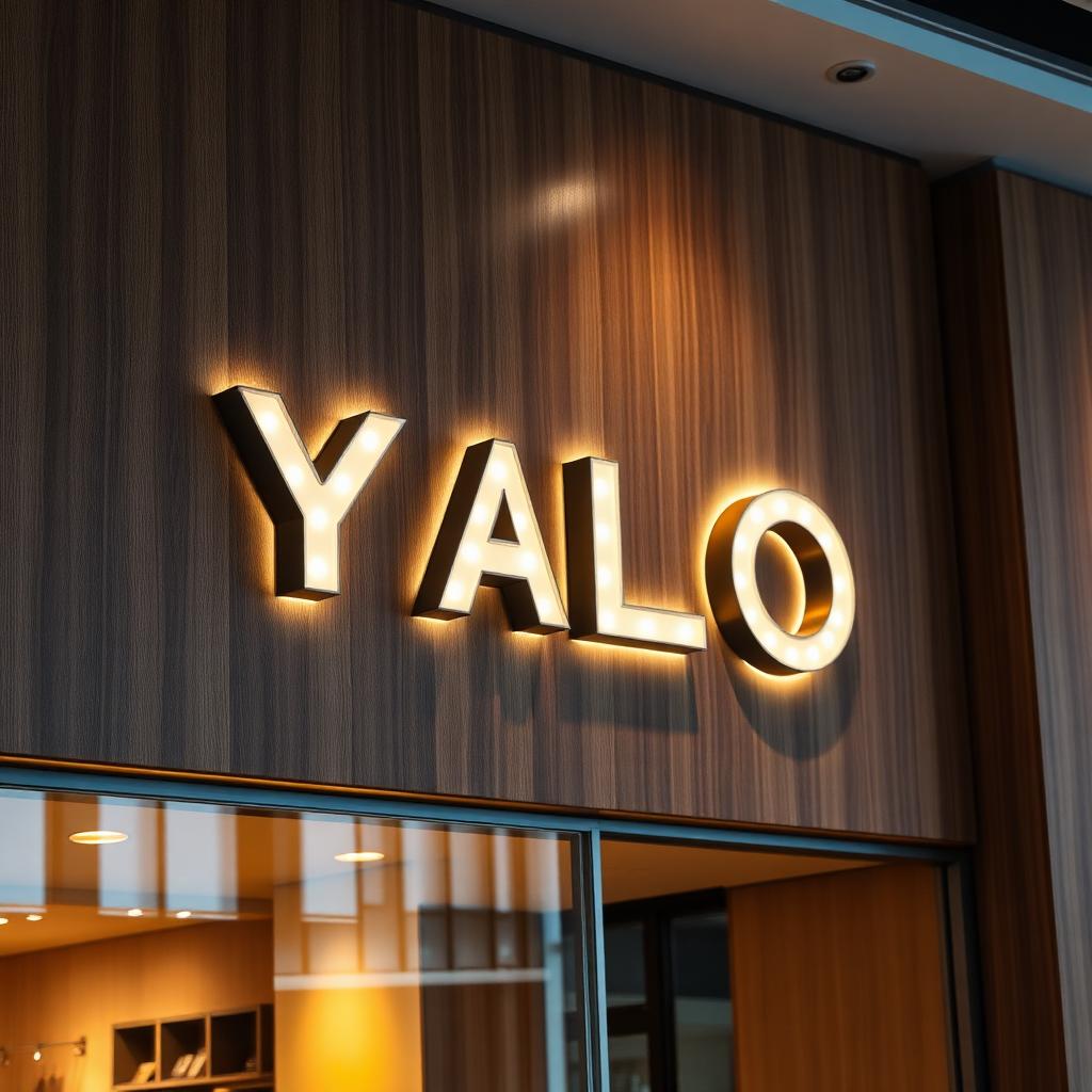Halo-lit metal logo letters on a wood-panel interior wall