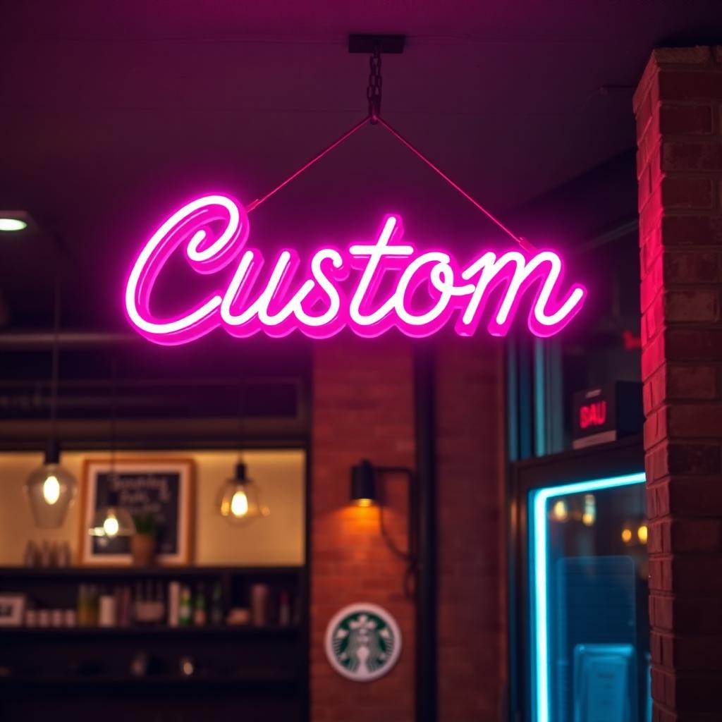 Custom neon sign hanging in a NYC restaurant interior