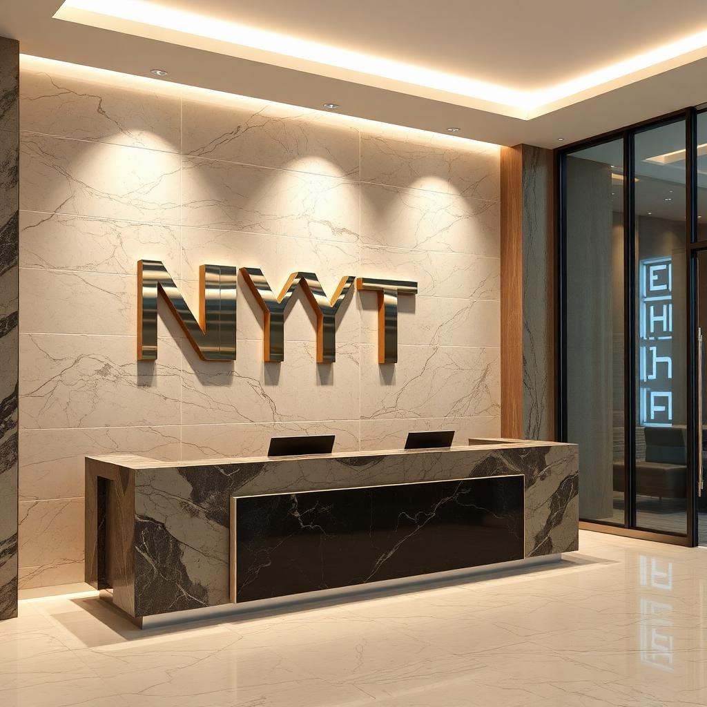Dimensional brushed aluminum logo letters on a marble reception wall