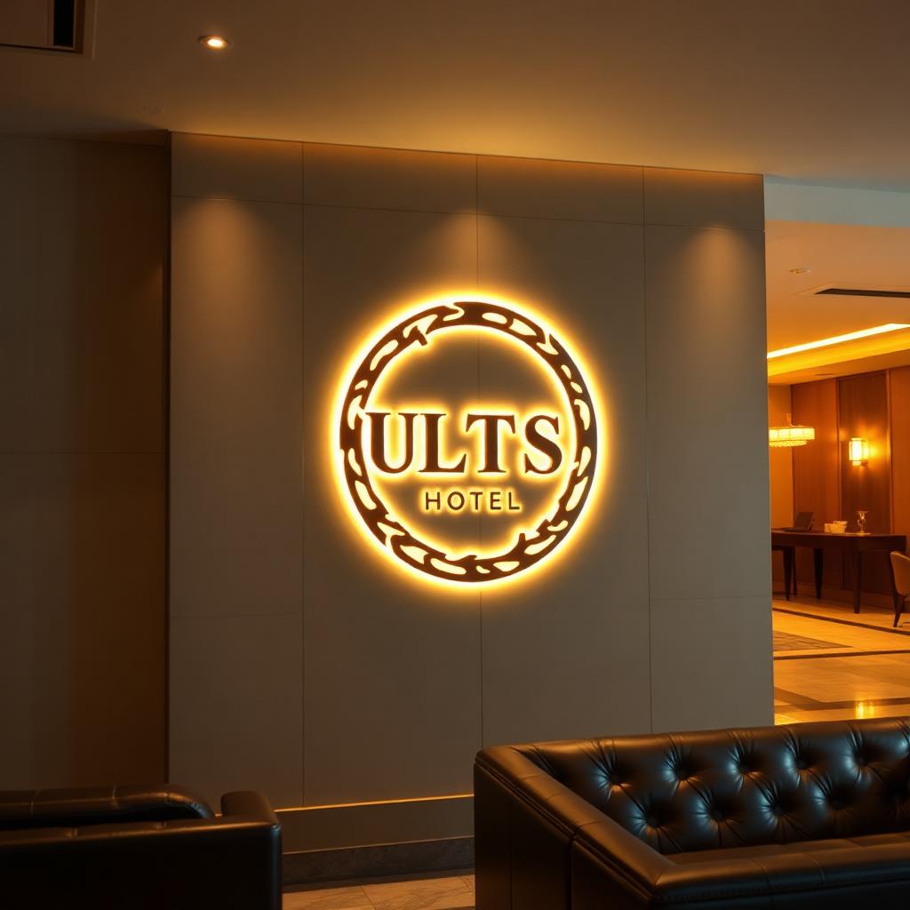 Halo-lit brass logo wall in a luxury hotel lobby