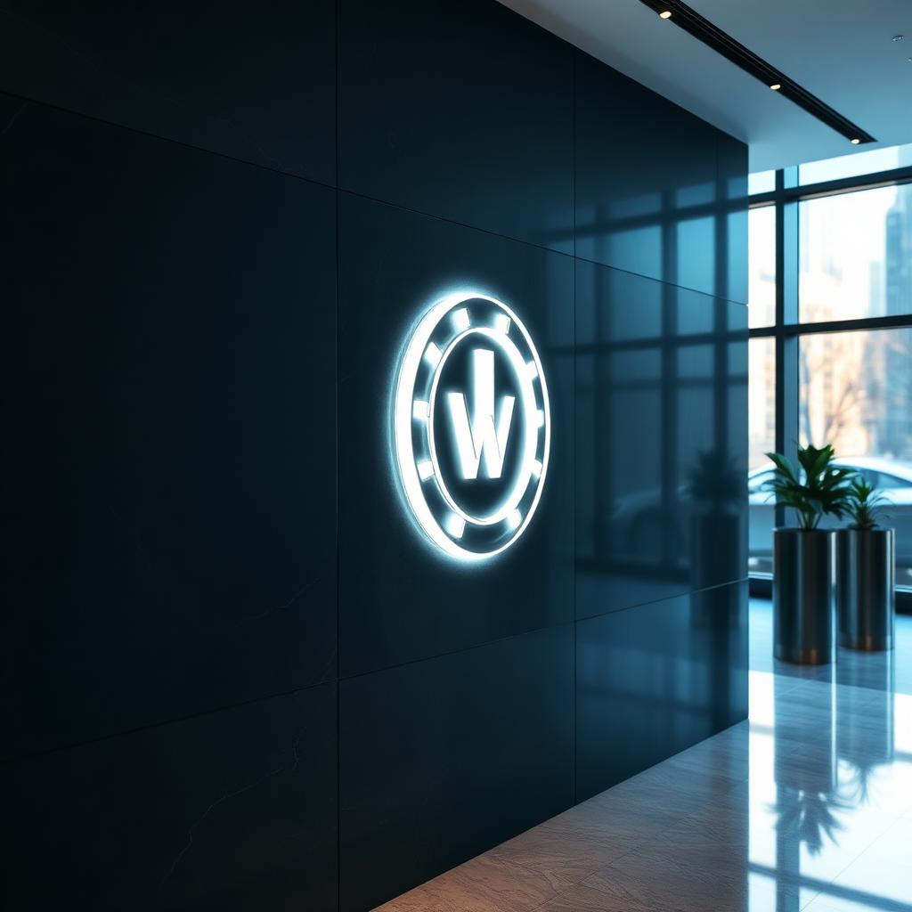 Push-through illuminated acrylic logo on a dark reception wall