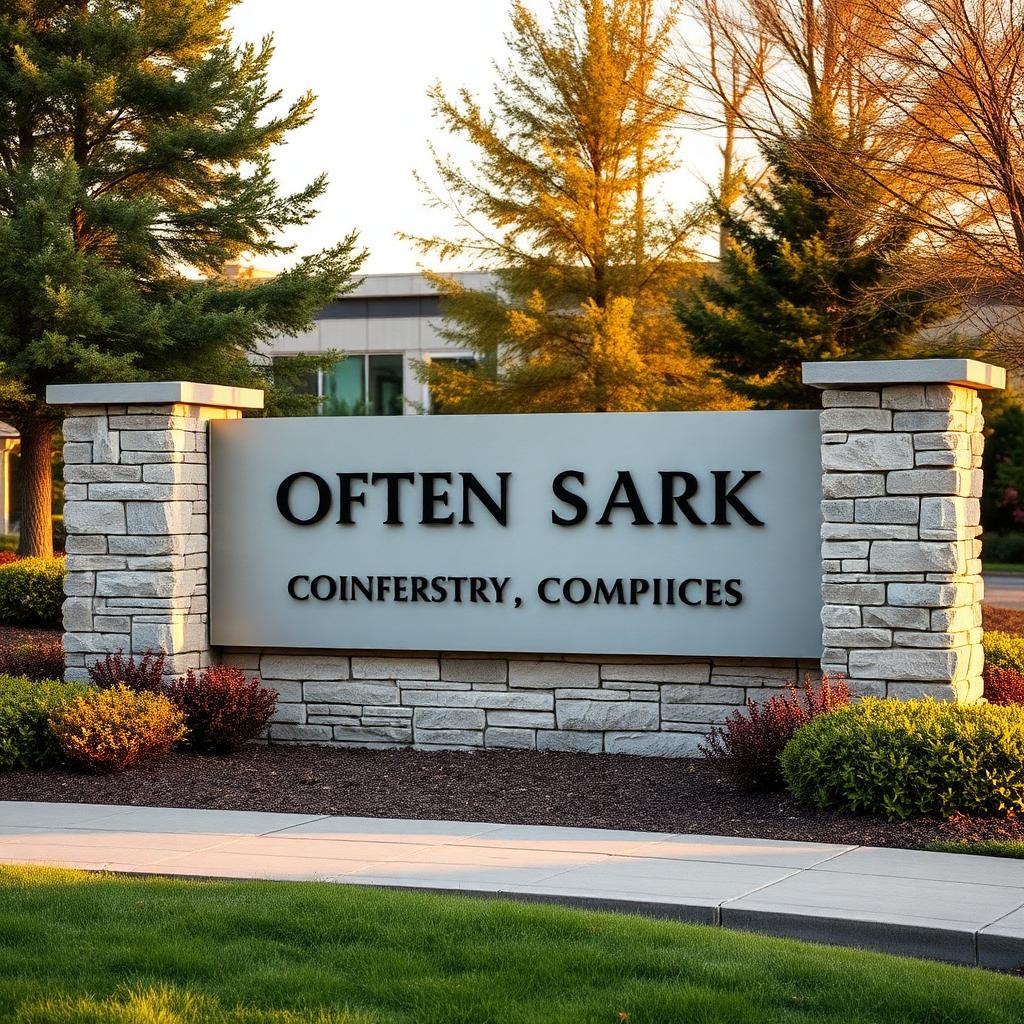 Stone-clad monument sign at a Westchester office park entrance