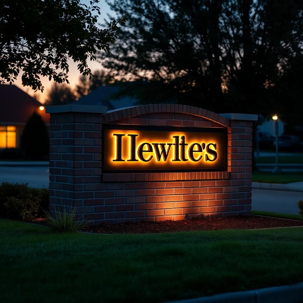 Illuminated brick monument sign at twilight