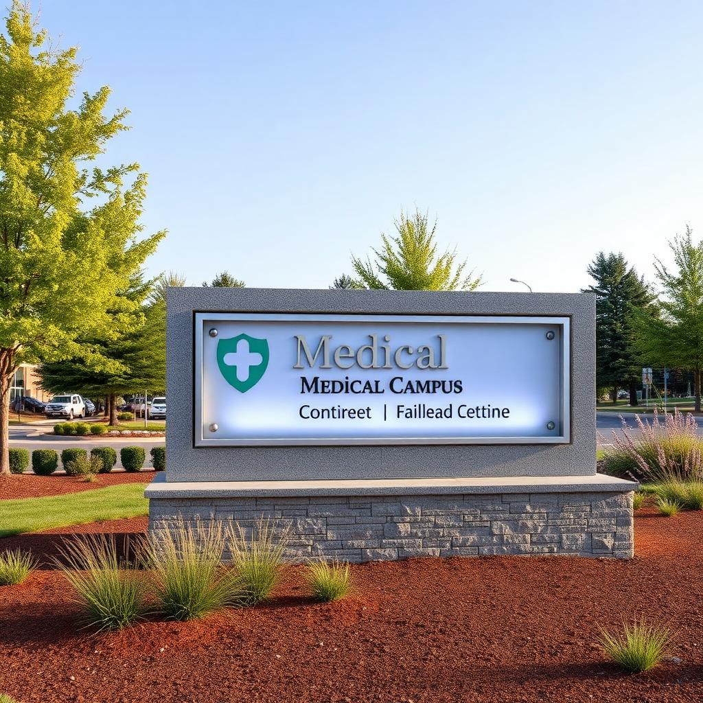 Medical campus monument sign on a granite base