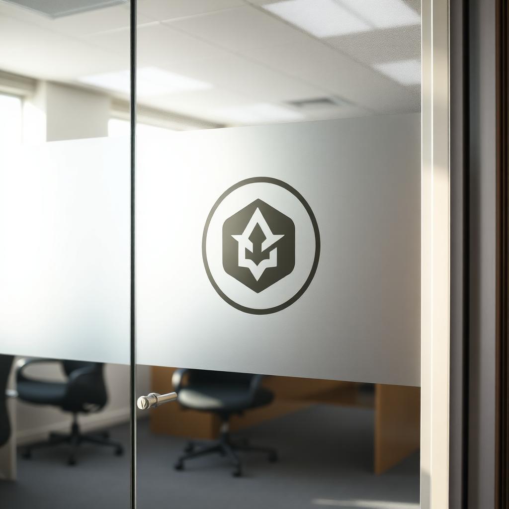 Frosted glass office door with vinyl logo decal